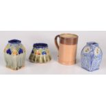 Three Royal Doulton Lambeth vases, heights 8.5cm, 12.