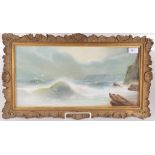 A pair of coastal scene watercolours, signed J.Groking, framed and glazed, picture size 24 x 49.