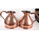 Two large Victorian copper jugs, height 37cm, diameter 39cm and height 37cm, diameter 34cm.