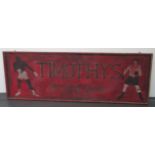 A large red painted rectangular sign, inscribed 'Timothy's Boxing Gym',