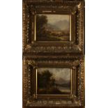 A pair of small landscape furnishing oils, one shows an alpine village, ornate gilt frames,
