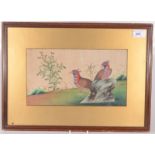 A Chinese pith painting, 19th century, depicting two birds on a rocky outcrop, framed and glazed,
