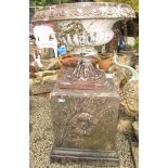 A salt glazed stoneware campana garden urn, height 46cm, diameter 60cm, on a large plinth base,