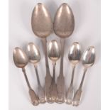 Five George IV fiddle and shell silver teaspoons and a pair of matching tablespoons, 7.6oz.