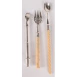 Two silver pickle forks each with ivory handle, one Birmingham 1899 the other Sheffield 1893,