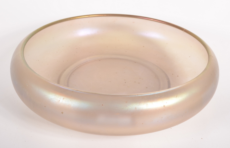 A large circular iridescent glass bowl, diameter 28.5cm, height 7cm.