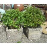 A pair of square composition garden planters, each with roundels decorated with ships,