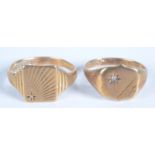 Two 9ct gold signet rings, each star set a small diamond 7.5g.