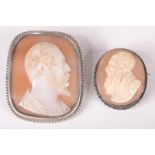 Two Italian carved shell cameo portraits of bearded men in silver brooch mounts.