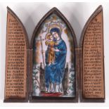 An enamelled triptych Madonna and child, signed DP, flanked by Latin script,