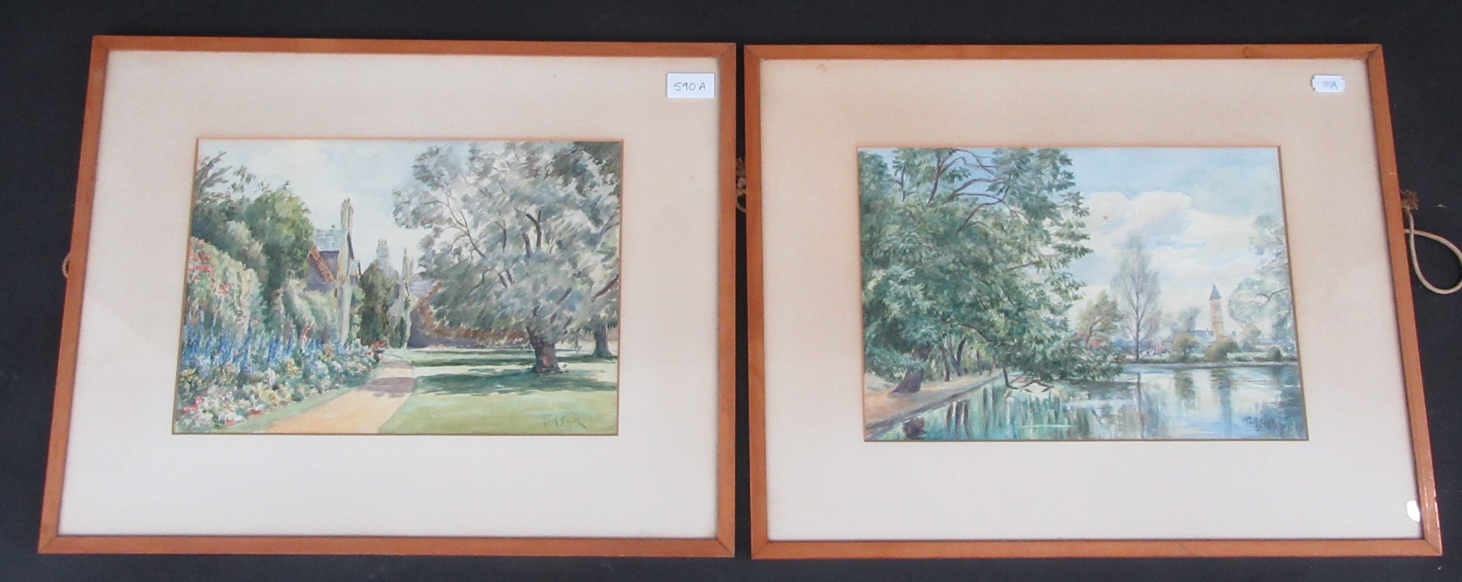A pair of Oxford College watercolours by Paul Smyth, one shows Worcester College Garden,