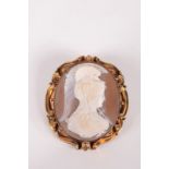 A good 19th century Italian gold mounted cameo brooch showing Athena the Greek Goddess of War,