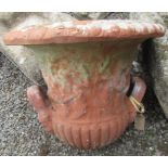 A terracotta campana shaped garden urn, (lacking base) height 39cm, diameter 46cm,