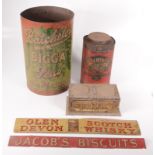 Miscellaneous tins and tin plate signs to include, Jacob's Biscuits, length 48.