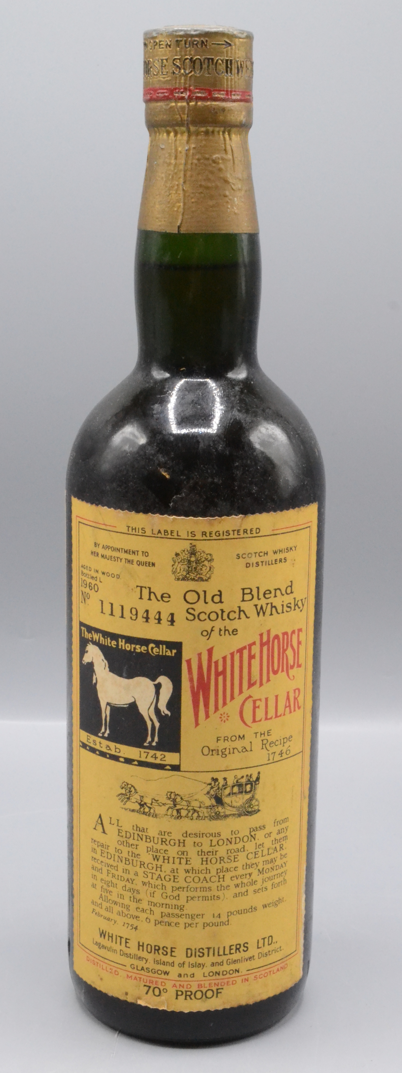 The Old Blend Scotch Whisky of the White Horse Cellar, bottled 1960, no 1119444, 70% proof,