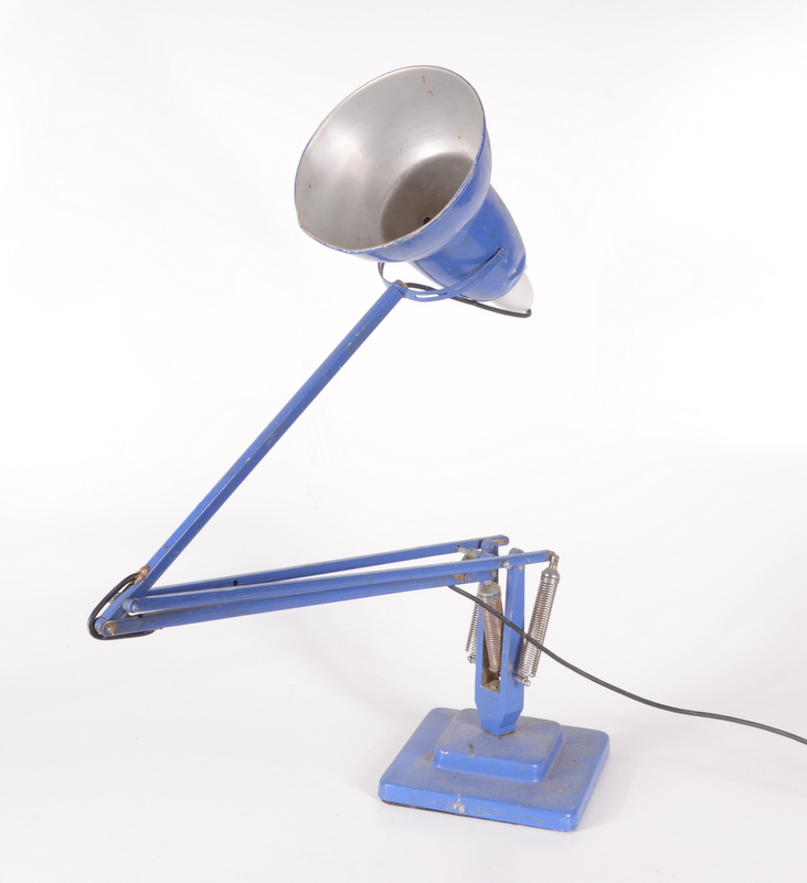 A blue anglepoise lamp, inscribed 'Made in England by Herbert Terry & Sons, Redditch'.