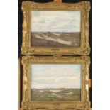 Two post Impressionist flat landscape oils by Edward Barnard Lintott, each with a distant church,