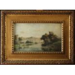 An oil on mahogany panel by Henri Arden, showing cattle grazing and a figure on a riverbank,