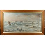 A large and dramatic late Victorian watercolour showing a ship in distress,