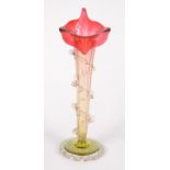 A Victorian cranberry flashed glass trumpet vase, with applied spiral glass decoration, height 36cm,