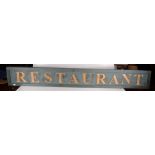 A blue painted, rectangular wooden 'Restaurant' sign, height 22cm, width 170.5cm.