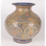 A Kashmir papier mache vase of squat form, decorated with botehs and foliage, height 24.5cm.