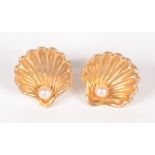 A pair of Charles Horner 9ct gold pearl and shell earrings, Birmingham 1960.