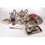 Miscellaneous silver plate, to include a teapot, a coffee pot, a circular tray etc.