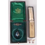 A pair of earrings set diamonds and pink stones, an enamelled pendant, and Edwardian bar brooch etc.