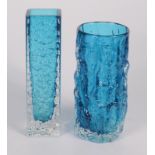 A Whitefriars glass blue bark vase, of cylindrical form, height 15cm, diameter 6.