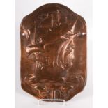 An Arts and Crafts copper wall plaque, embossed with a galleon in full sail, 40.4 x 27.4cm.