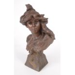 An Art Nouveau spelter bust by Alfred Jean FORETAY of 'Velleda', signed A. Foretay, height 32.