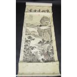 A Chinese scroll painting of a mountainous lake scene, with a figure on a bridge, a stag,