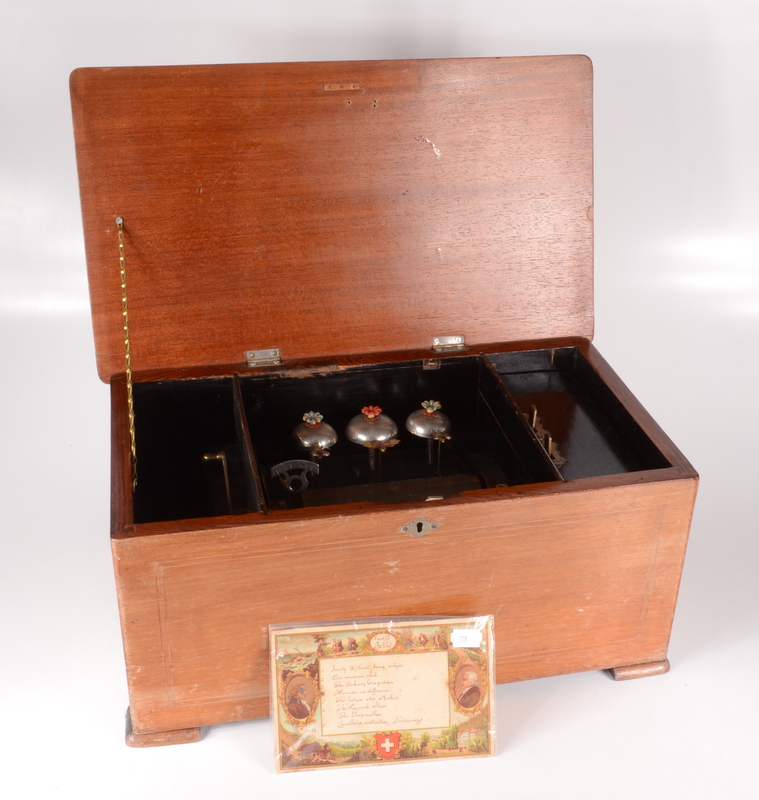 A Swiss cylinder music box, 19th century, playing eight airs and with three bells,