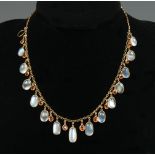 A late Victorian gold necklace suspended with fifteen graduated moonstones divided by fourteen