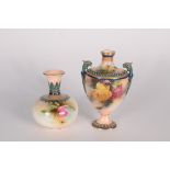 A Royal Worcester Hadley Ware vase, the body painted with roses and with twin griffin mask handles,