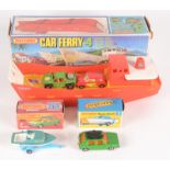 A Matchbox G-17 Car Ferry with 4 Matchbox vehicles, two without boxes.