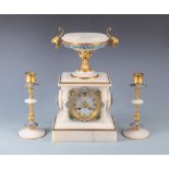 A onyx and champleve enamel clock garniture, 19th century, the 8.