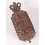 A Chinese carved wood snuff box, with brass mounts and hinged cover, decorated with figures,