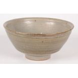 A Trevor Corser Leach pottery footed bowl, celadon glazed, impressed personal and pottery seals,