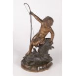 A French bronze figure of a boy fishing, 19th century, signed Augt Moreau, height 22cm, width 12cm,