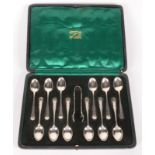 A set of twelve William Hutton silver coffee spoons and tongs Sheffield 1919, retailed by Russells,