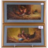 Two oil paintings of chickens, each signed J. McIntyre, 12.3 x 27.5cm.