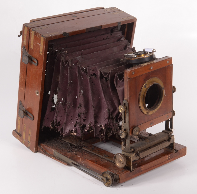 A Victorian mahogany and brass bound folding camera, with label inscribed the 'Special Patent',