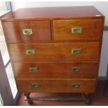 A mahogany campaign chest, early 20th century, with two short and three long drawers,