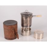A Victorian silver plated circular travel saucepan and burner,