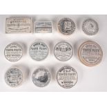 Eleven toothpaste pot lids, including Sydney Huggett, Woods Areca Nut, Humphry, Dartmouth Devon etc.