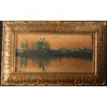 A river sunset oil by Jean-Victor Hermans, gilt moulded frame, 25 x 52cm.