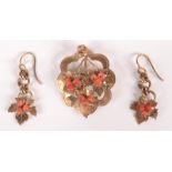 A pair of coral and gilt Victorian earrings and a matching brooch.