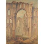 A Victorian oil on canvas, figures in the ruins of a Rievaulx Abbey, Yorkshire, unsigned,